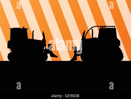 Bagger und Bulldozer detaillierte Traktor Silhouetten im Bau Website Hintergrund Illustration Vektor Stock Vektor