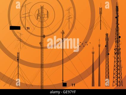 Fernmeldeturm, Radio, Fernsehen und Mobilfunk-Basisstation Sammlung Vektor-Hintergrund Stock Vektor