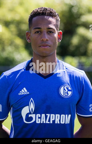 Deutsche Bundesliga-Fußball-Spieler Dennis Aogo vom FC Schalke 04-Team posiert für ein Teamfoto in Vorbereitung auf die Saison 2016/17 in der Veltins-Arena, Gelsenkirchen, Deutschland, 20. Juli 2016. Foto: Marcel Kusch/dpa Stockfoto