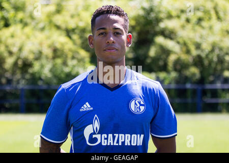 Deutsche Bundesliga-Fußball-Spieler Dennis Aogo vom FC Schalke 04-Team posiert für ein Teamfoto in Vorbereitung auf die Saison 2016/17 in der Veltins-Arena, Gelsenkirchen, Deutschland, 20. Juli 2016. Foto: Marcel Kusch/dpa Stockfoto