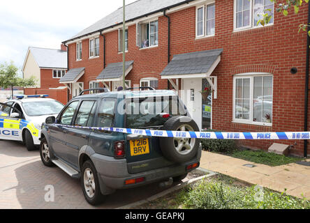 Romsey, Hampshire, UK. 25. Juli 2016. Eine Frau glauben, dass der Partner der Frau nach einer Messerstecherei wegen des Verdachts des versuchten Mordes verhaftet wurde.  Polizei wurden zu Berichte einer Auseinandersetzung im Widerrist Road, Romsey, bei etwa 23:05 letzte Nacht genannt.  Zwei 45-Jahr-alte Frauen wurden nach Southampton General Hospital mit Messerstichen und einer von ihnen wegen des Verdachts des versuchten Mordes verhaftet wurde.  Derzeit ist sie unter polizeilicher Bewachung im Krankenhaus.  Die Polizei sagt, die Verletzungen, die durch die beiden Frauen nicht gedacht werden, um lebensbedrohlich sein. Bildnachweis: Uknip/Alamy Live-Nachrichten Stockfoto