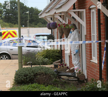 Romsey, Hampshire, UK. 25. Juli 2016. Eine Frau glauben, dass der Partner der Frau nach einer Messerstecherei wegen des Verdachts des versuchten Mordes verhaftet wurde.  Polizei wurden zu Berichte einer Auseinandersetzung im Widerrist Road, Romsey, bei etwa 23:05 letzte Nacht genannt.  Zwei 45-Jahr-alte Frauen wurden nach Southampton General Hospital mit Messerstichen und einer von ihnen wegen des Verdachts des versuchten Mordes verhaftet wurde.  Derzeit ist sie unter polizeilicher Bewachung im Krankenhaus.  Die Polizei sagt, die Verletzungen, die durch die beiden Frauen nicht gedacht werden, um lebensbedrohlich sein. Bildnachweis: Uknip/Alamy Live-Nachrichten Stockfoto