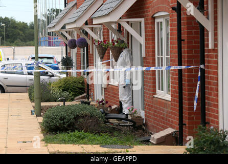 Romsey, Hampshire, UK. 25. Juli 2016. Eine Frau glauben, dass der Partner der Frau nach einer Messerstecherei wegen des Verdachts des versuchten Mordes verhaftet wurde.  Polizei wurden zu Berichte einer Auseinandersetzung im Widerrist Road, Romsey, bei etwa 23:05 letzte Nacht genannt.  Zwei 45-Jahr-alte Frauen wurden nach Southampton General Hospital mit Messerstichen und einer von ihnen wegen des Verdachts des versuchten Mordes verhaftet wurde.  Derzeit ist sie unter polizeilicher Bewachung im Krankenhaus.  Die Polizei sagt, die Verletzungen, die durch die beiden Frauen nicht gedacht werden, um lebensbedrohlich sein. Bildnachweis: Uknip/Alamy Live-Nachrichten Stockfoto