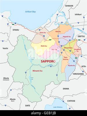 Straße, administrative und politische Karte der japanischen Stadt Sapporo Stock Vektor