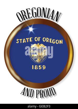 Oregon State Flag Taste mit einem kreisförmigen Rahmen über einen weißen Hintergrund mit dem Text Oregonian und stolz Stock Vektor