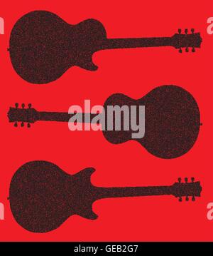 Traditionelle Gitarre Form Silhouetten in vernarrt auf einem roten Hintergrund Stock Vektor