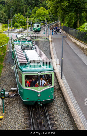 Drachenfels Berg, Siebengebirge, sieben Gebirge Gebiet, Deutschland, Rack Rheintalbahn zur Ansicht zeigen an der Spitze, Stockfoto