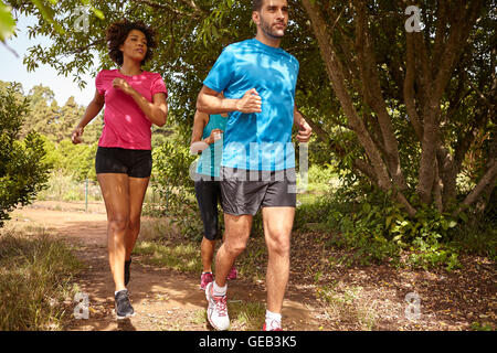 Eine männliche und zwei weibliche Freunde auf eine Joggingstrecke, umgeben von Bäumen und Büschen am späten Vormittag tragen T-shirts und Stockfoto