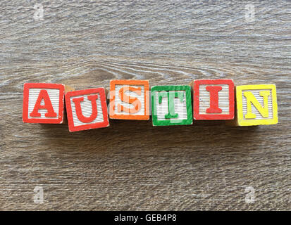 AUSTIN Ortsnamen mit Holz-Block Zeichen geschrieben Stockfoto