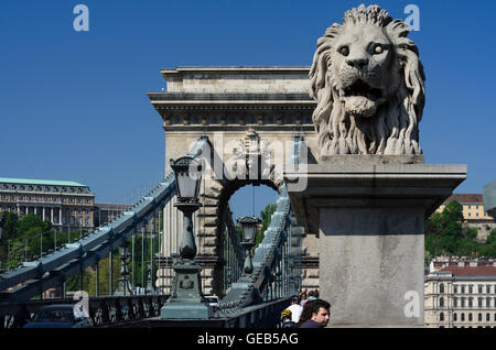 Budapest: Kette Brücke (Szechenyi Lánchíd) auf der Donau, Ungarn, Budapest, Stockfoto