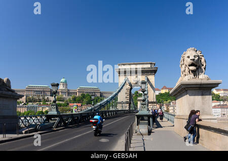 Budapest: Kette (Szechenyi Lánchíd) Brücke über die Donau, Budaer Burg, Ungarn, Budapest, Stockfoto