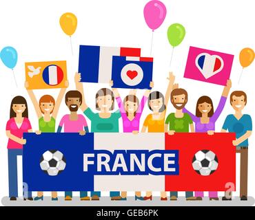Fußball, WM, Sport-Symbol. Fans von Frankreich auf dem Podium mit Plakaten. Vektor-illustration Stock Vektor