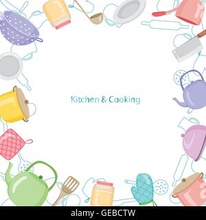 Küche Ausstattung Grenze, Geschirr, Geschirr, Kochen, Lebensmittel, Bäckerei, Lifestyle Stock Vektor