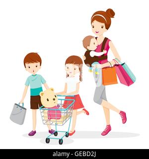 Mutter und Kinder zusammen, Einkaufen, Einzelhandel, Familie, Kind, Einkaufswagen, Schubkarre, Trolley, Einkaufstasche Stock Vektor