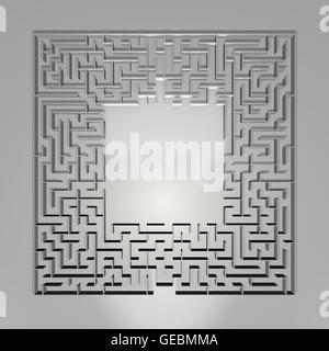 Labyrinth auf grauem Hintergrund. Konzept für die Entscheidungsfindung. Draufsicht. 3D Illustration. Stockfoto