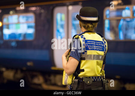 British Transport Police (BTP) bei Cardiff Railway Bahnhof in Cardiff, Wales, Vereinigtes Königreich. Stockfoto