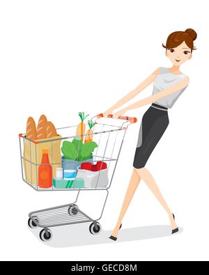 Frau schieben Einkaufswagen, Ware, Lebensmittel-, Getränke-, Schönheit, lifestyle Stock Vektor