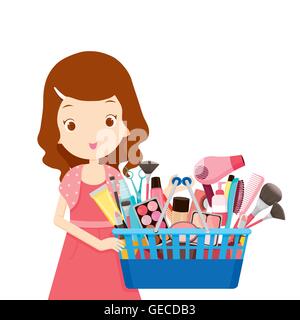 Mädchen hält Warenkörbe voll von Produkten, Gütern, Lebensmittel-, Getränke-, Schönheit, lifestyle Stock Vektor