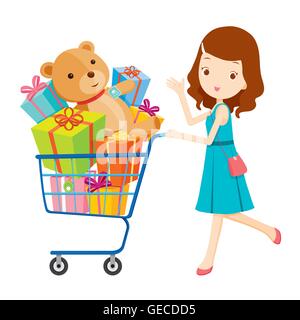 Mädchen schieben Einkaufswagen voller Geschenke, Ware, Nahrung, Getränk, Schönheit, lifestyle Stock Vektor