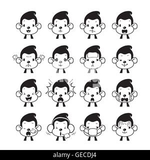 Affe Emoticons gesetzt, Monochrom, Tier, Emoji, Mimik, Gesicht, Gefühl, Stimmung, Symbol Stock Vektor