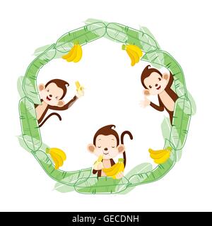 Affe und Bananen auf Kreis Rahmen, Tier, Feier, festliche, Jahrestag Stock Vektor