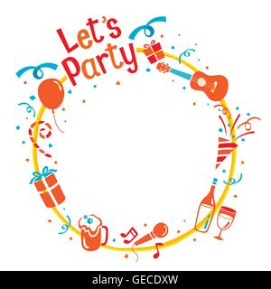 Party Buchstaben, Symbole und Wimpel Flagge auf Kreis Rahmen, Kalligraphie, Bankett, fest, Feier Stock Vektor