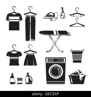 Reinigung, Wäsche Icons Set, Frühling Monochrom, Hausarbeit, Gerät, inländische Tools Computersymbol, Reinigung, Saison Stock Vektor