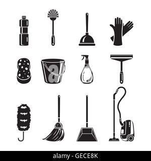 Reinigung, Home Appliances Icons Set, Monochrom, Hausarbeit, Gerät, inländischen Werkzeuge, Symbol, Symbol, Frühjahrssaison Stock Vektor