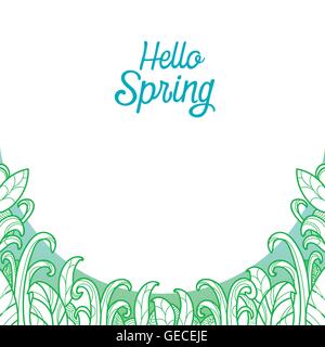 Hallo Frühling Text mit Grass im Umriss Hintergrund, Natur, Kinder, Tier, Blume Stock Vektor