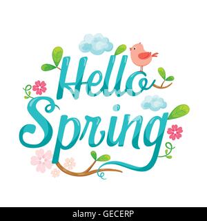 Hallo Frühling Brief Verzierung mit Tier, Blatt und Blume, Natur Stock Vektor