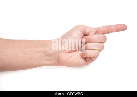 Nahaufnahme der männlichen Hand zeigt auf weißem Hintergrund Stockfoto