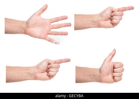 Nahaufnahme der männlichen Hand Daumen auftauchend auf weißem Hintergrund Stockfoto