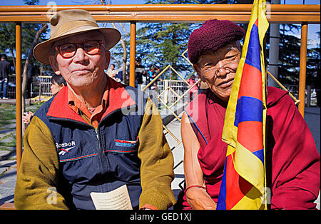 Demonstranten für ein freies Tibet, Namgyal Kloster im Tsuglagkhang complex. McLeod Ganj, Dharamsala Himachal Pradesh Zustand, Stockfoto