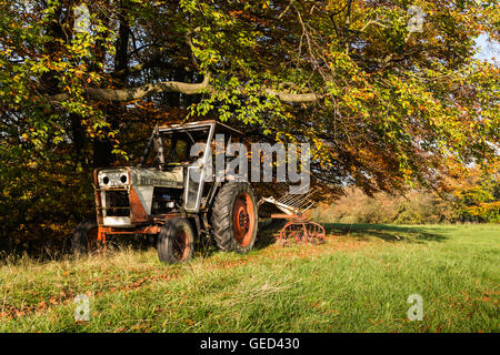 Eine alte David Brown Traktor mit Heu zu implementieren ist oben unter Herbst Bäume, Carleton, Yorkshire, England, UK geparkt. Stockfoto