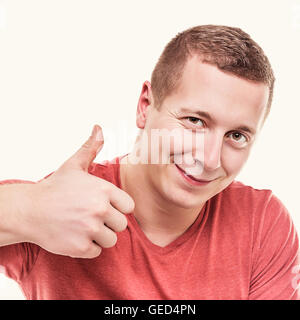 Man zeigt "OK" auf weißem Hintergrund. Getönten Foto. Stockfoto