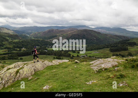 Eine einsame weibliche Wanderer aus den unteren hängen der Moel Hebog im Snowdonia National Park mit Blick auf die Stadt Beddgelert. Stockfoto