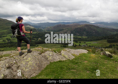 Eine einsame weibliche Wanderer aus den unteren hängen der Moel Hebog im Snowdonia National Park mit Blick auf die Stadt Beddgelert. Stockfoto