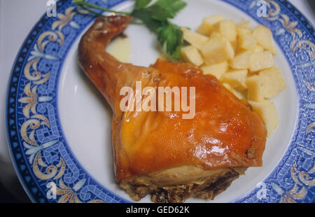 "Cochinillo al Vino´, Schweinefleisch, Venta del Quijote, berühmte typischen Restaurant, traditionelle Küche, Puerto Lapice, Provinz Ciudad R Stockfoto