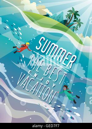 Atemberaubende Sommer-Poster-Design - Unterwasserwelt mit Taucher Stock Vektor