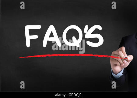 FAQ häufig gestellte Fragen Geschäftsmann Blackground Landing Page ausgehend Stockfoto