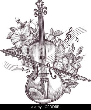 Vintage Geige. Handgezeichnete Retro Violine und Blumen. Vektor-illustration Stock Vektor