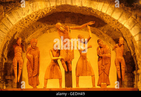 Bildhauerne Gruppe (S. XII). Santa Eulàlia Church.Romanesque Kirche. Erill la Vall. Boí-Tal. Katalonien. Spanien Stockfoto