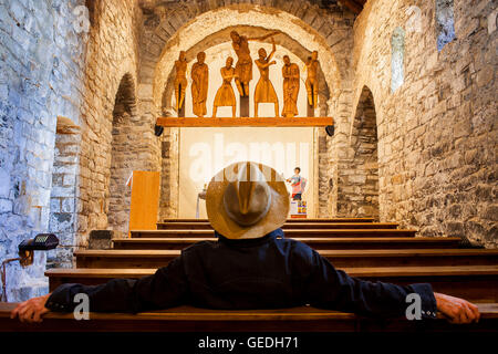 Bildhauerne Gruppe (S. XII). Santa Eulàlia Church.Romanesque Kirche. Erill la Vall. Boí-Tal. Katalonien. Spanien Stockfoto