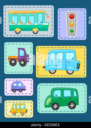 Illustration des Patches, die mit verschiedenen Arten von Fahrzeugen Stockfoto