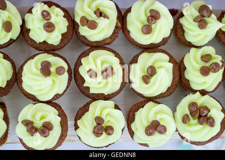 Reihen von Hand dekoriert Cupcakes mit farbigen Glasur grüner Minze und Schokolade-Chips an der Spitze über Kopf gedreht Stockfoto