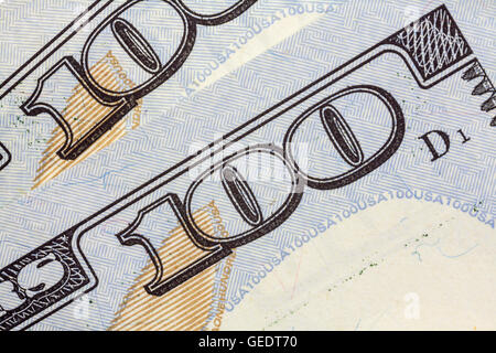 US-One Hundred Dollar Bill Makro Detail hautnah. Stockfoto