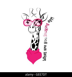 Lustige Giraffe rosa Sonnenbrille mit stilvollen Label im Trend der Saison. Kreativer Ausdruck, Jugend-Stil-Schriftzug. Doodle Stock Vektor
