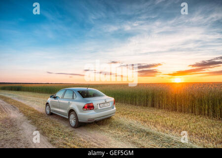 Gomel, Weißrussland - 13. Juni 2016: Volkswagen Polo Parkplatz am Weizenfeld. Sonnenuntergang Sonnenaufgang dramatischer Himmel auf einem Hintergrund In sonniger Stockfoto