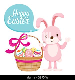 Kaninchen und Easter Eggs In Geschenk-Korb, Frühling, Tier, Natur, Dekoration, festlich, feiern Stock Vektor
