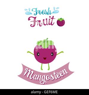 Niedlichen Cartoon der Mangostan-Frucht, Banner, Logo, tropische Früchte, Zeichen, Design, Sommer, gesundes Essen, Speisen, Saft Stock Vektor